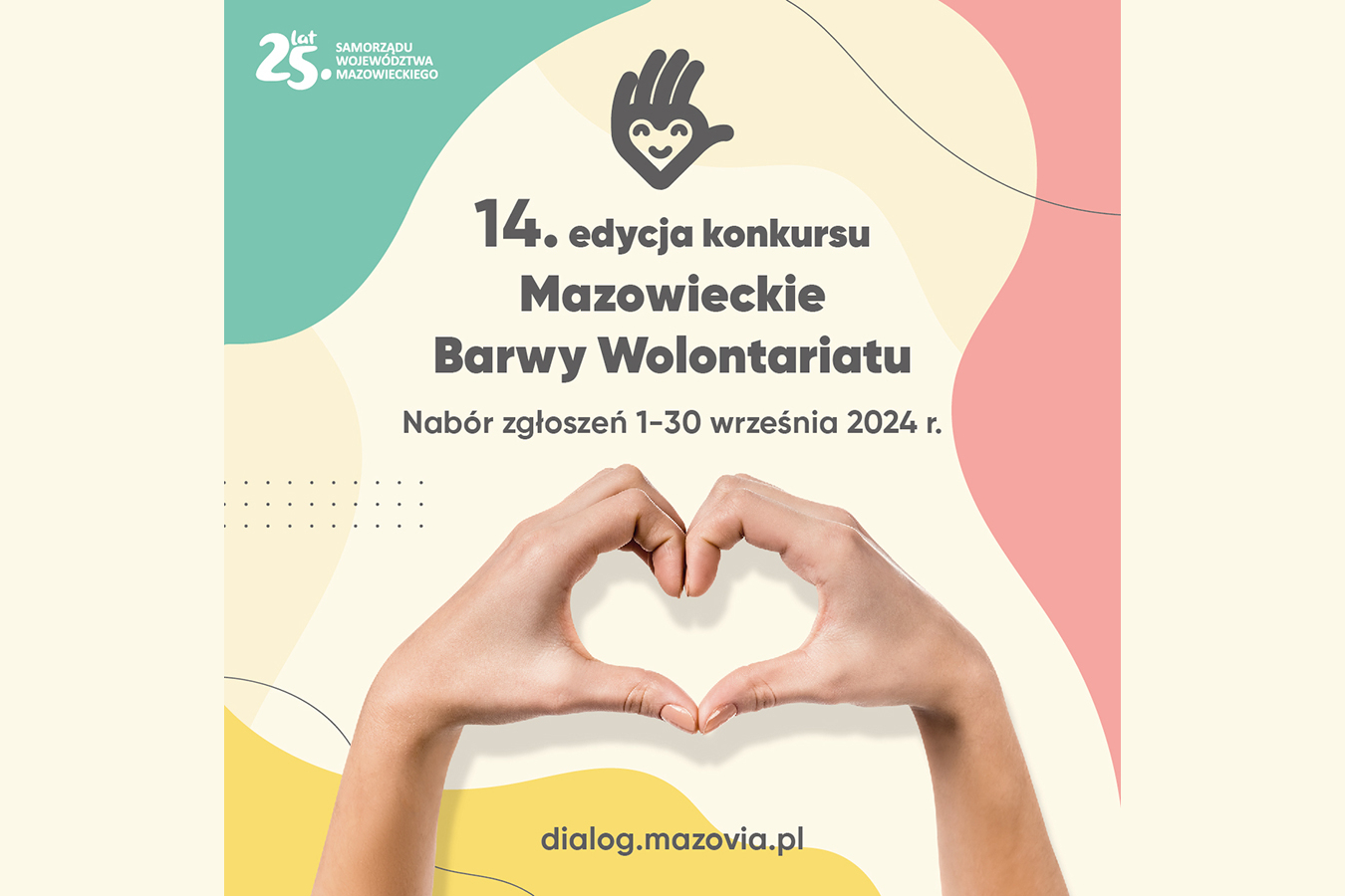 grafika przedstawia informację o naborze zgłoszeń w terminie od 1 do 30 września 2024 roku do 14 edycji konkursu "Mazowieckie Barwy Wolontariatu"