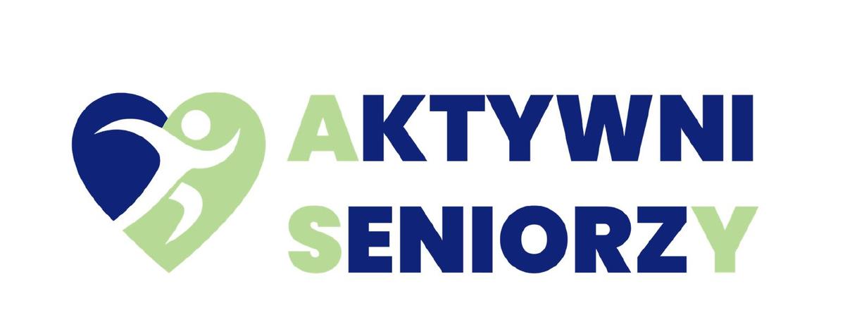 Na grafice znajduje się logo i napis „Aktywni Seniorzy”. Znak przedstawia stylizowane serce w kolorach granatowym i zielonym, w którym umieszczono sylwetkę poruszającej się osoby.